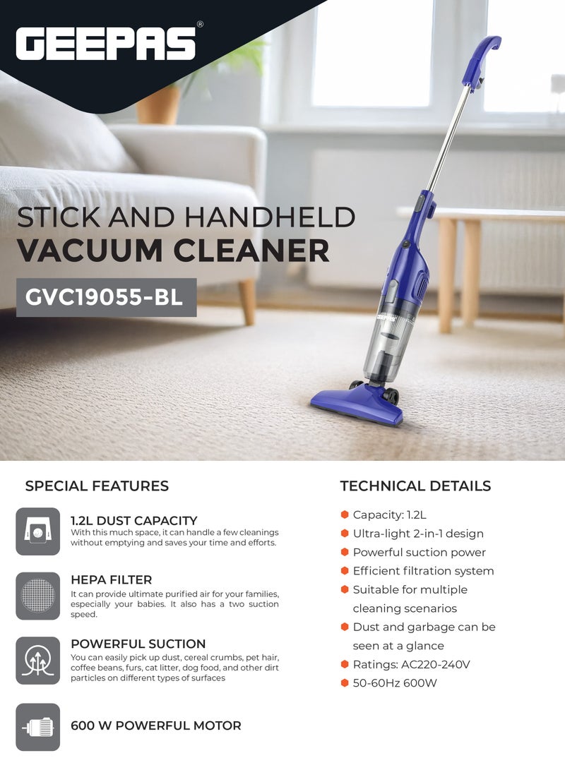 Stick And Handheld Vacuum Cleaner, HEPA Filter, 1.2L Dust Bag Capacity, 600W Powerful Motor, Transparent Dust Cup for Easy Check, Lightweight Body And Low Noise 1.2 L 600 W GVC19055-BL Blue - pnsku/N70133552V/45/_/1733456804/846e35d5-f292-4d89-a923-9bade03d36ec