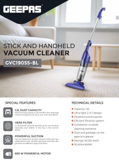 جيباس Stick And Handheld Vacuum Cleaner, HEPA Filter, 1.2L Dust Bag Capacity, 600W Powerful Motor, Transparent Dust Cup for Easy Check, Lightweight Body And Low Noise 1.2 L 600 W GVC19055-BL Blue  - Image 2