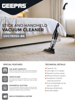 جيباس Stick And Handheld Vacuum Cleaner, HEPA Filter, 1.2L Dust Bag Capacity, 600W Powerful Motor, Transparent Dust Cup for Easy Check, Lightweight Body And Low Noise 1.2 L 600 W GVC19055-BK Black  - Image 2