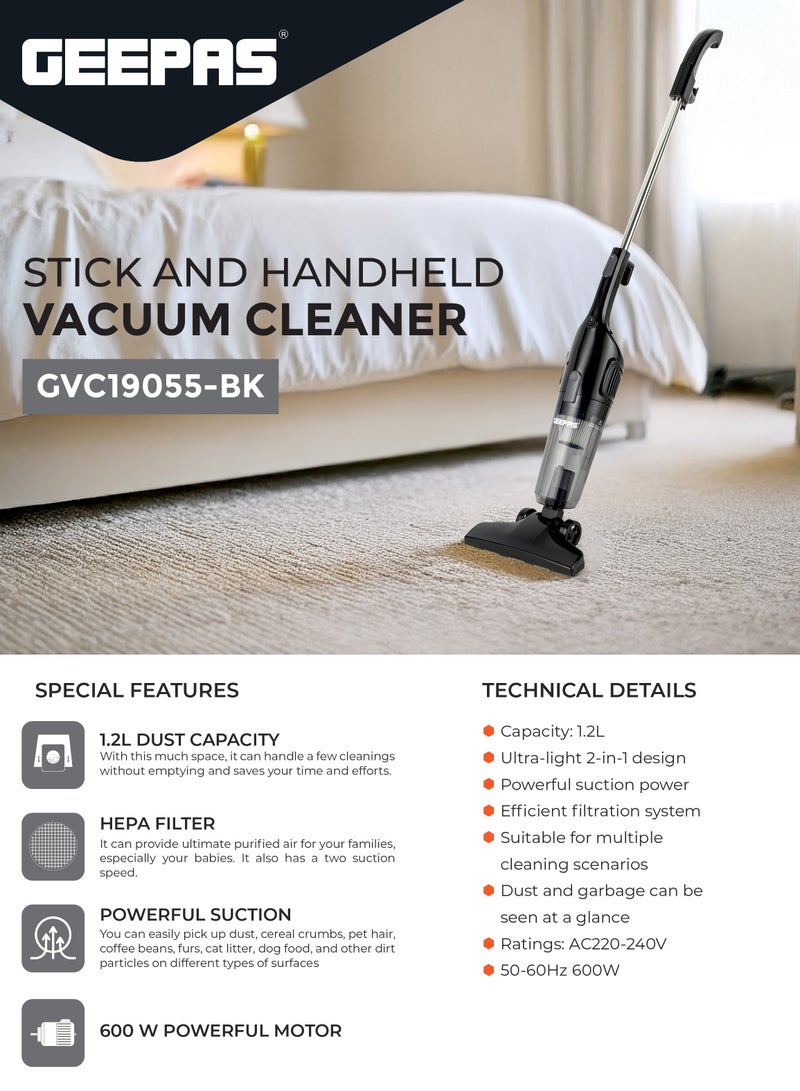GEEPAS Stick And Handheld Vacuum Cleaner, HEPA Filter, 1.2L Dust Bag Capacity, 600W Powerful Motor, Transparent Dust Cup for Easy Check, Lightweight Body And Low Noise 1.2 L 600 W GVC19055-BK Black  - Image 2