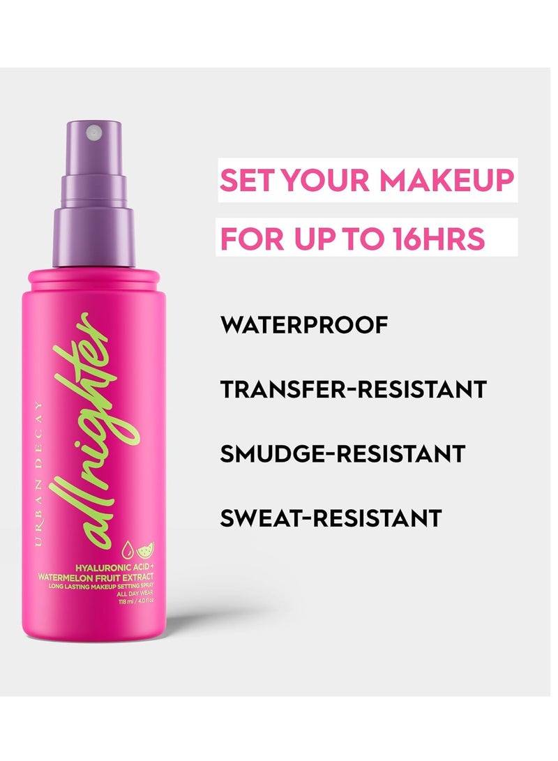 Urban Decay All Nighter Hyaluronic Acid Waterproof Dewy Setting Spray for Face, Luminous Glowy Look, Long-lasting, Smudge-proof & Transfer-resistant Makeup, Refreshing Watermelon Scent Clear  - Image 2
