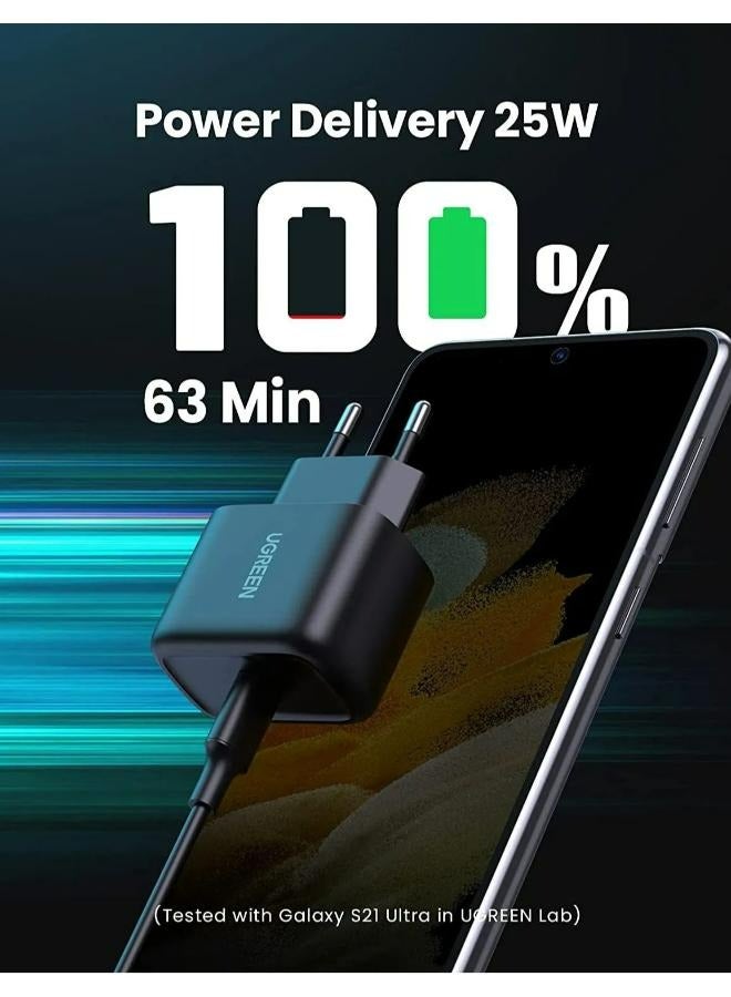 يو جرين - 25W USB C Charger Super Fast PD Charger Plug with 2M USB C Cable Compatible with Galaxy S24/S24 Ultra/S24+/S23/S23 Ultra/S23+/Z Flip/Note20/Note10/S9/S8/A53/A52s, iPad Pro Air/Mini, etc Black - Image 1