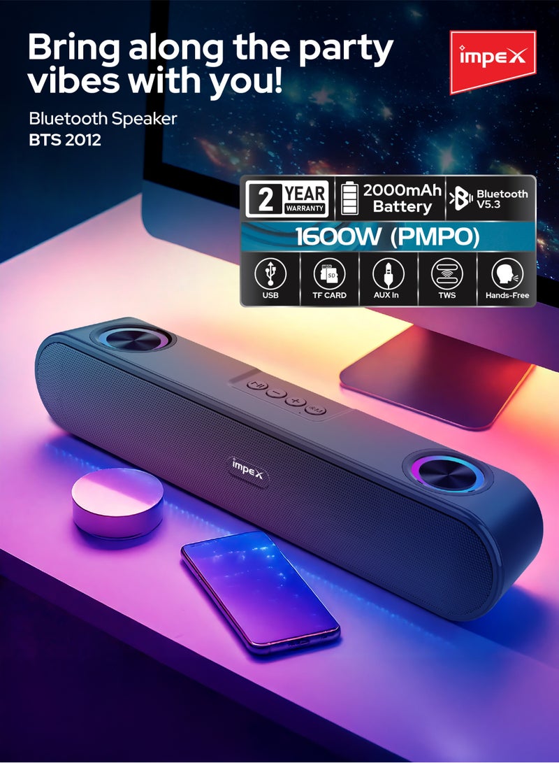 إمبكس Portable Bluetooth Soundbar Powerful Sound with RGB Lights Portable Soundbar 1600W(PMPO),2000mAh Battery Bluetooth Speaker, Supports USB, Bluetooth, AUX, FM, TWS, Hands-Free Supported, Type-C Charging Port black  - Image 2