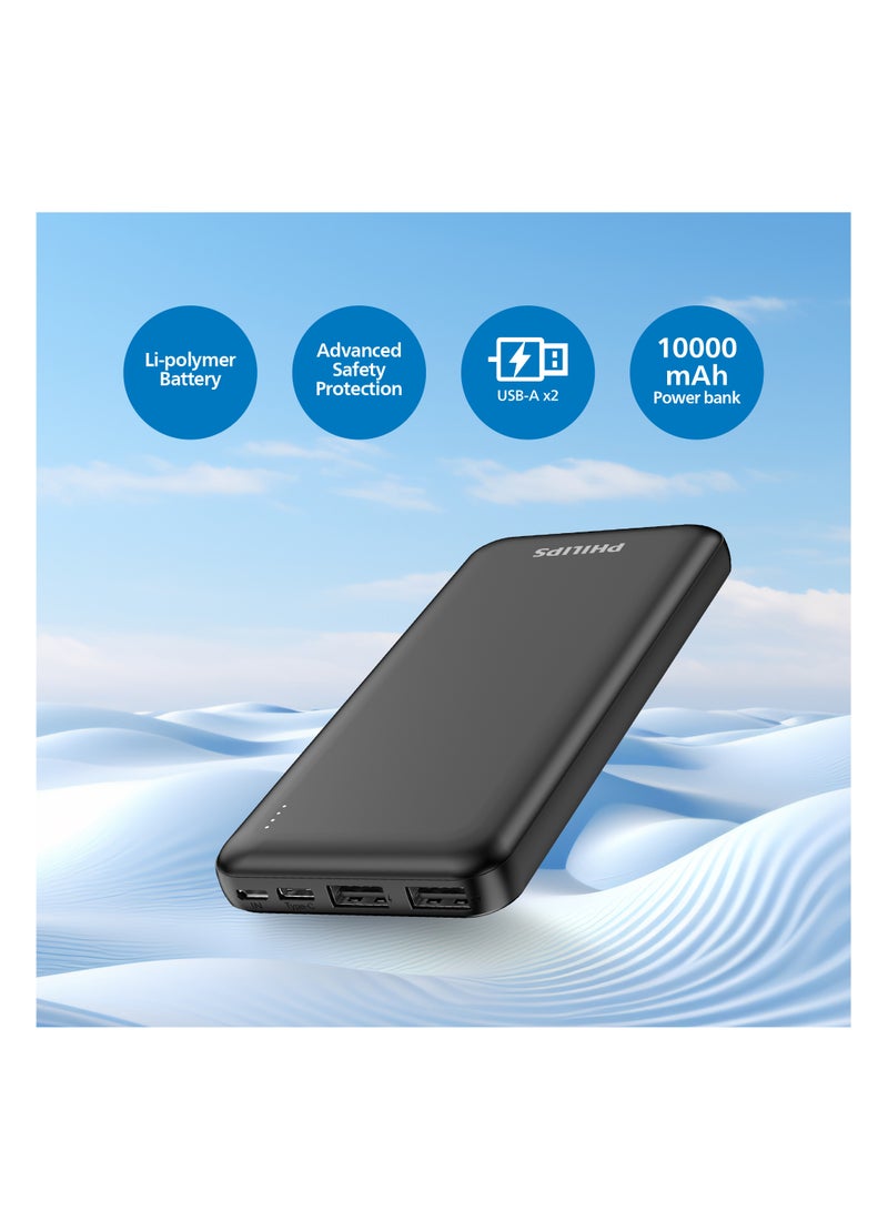 10000 mAh Compact Power Bank with Dual USB A And USB-C Port(Input), Black
