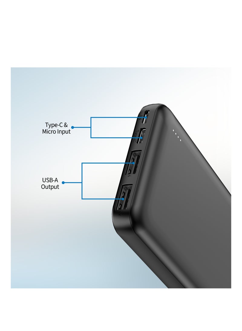 10000 mAh Compact Power Bank with Dual USB A And USB-C Port(Input), Black