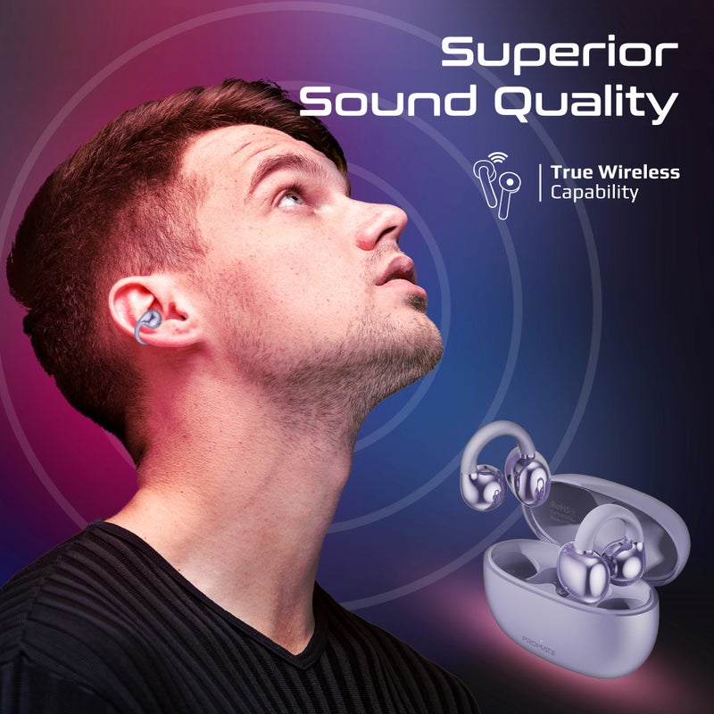 بروميت True Wireless Earbuds with OWS Technology, IntelliTouch Control, Ergonomic Open-Ear Clip Design, 28-Hour Playtime, 500mAh Charging Case, Water-Resistance, and AudioFit Stability for Unmatched Sound Quality, AirClip Purple - Image 5