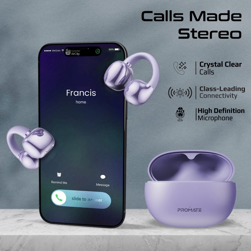 بروميت True Wireless Earbuds with OWS Technology, IntelliTouch Control, Ergonomic Open-Ear Clip Design, 28-Hour Playtime, 500mAh Charging Case, Water-Resistance, and AudioFit Stability for Unmatched Sound Quality, AirClip Purple - Image 4