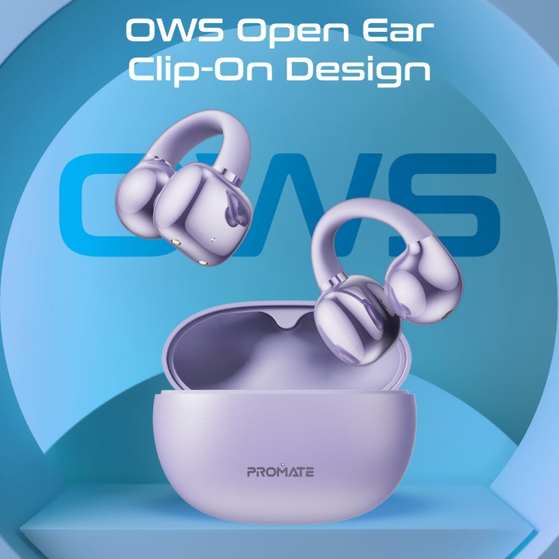 PROMATE True Wireless Earbuds with OWS Technology, IntelliTouch Control, Ergonomic Open-Ear Clip Design, 28-Hour Playtime, 500mAh Charging Case, Water-Resistance, and AudioFit Stability for Unmatched Sound Quality, AirClip Purple - Image 3