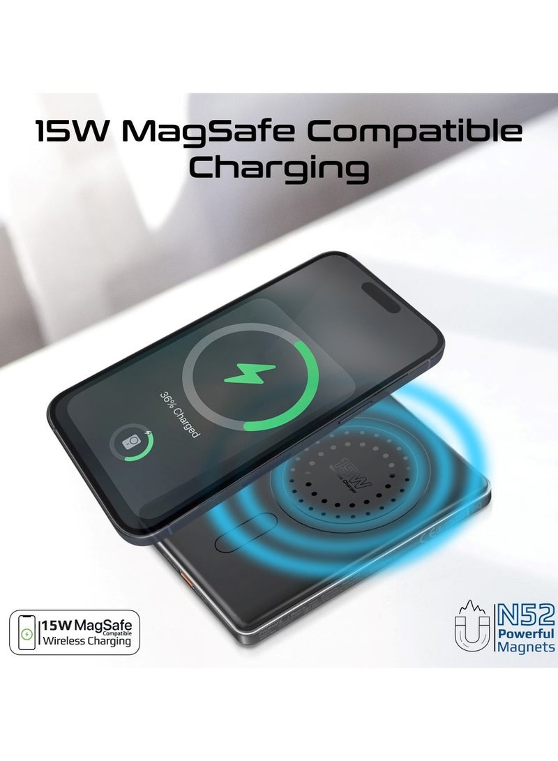 5000 mAh Ultra-Compact Power Bank, Battery Charger with 15W MagSafe Compatible Fast Charging, 20W USB-C Input/Output Port, Charge Protection, Smart Battery Indicators, and Durable Aluminium Design, Blade-5 Black