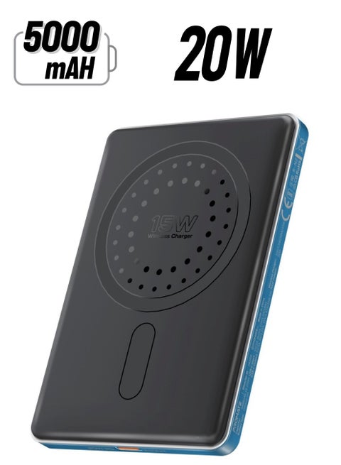 5000 mAh Ultra-Compact Power Bank, Battery Charger with 15W MagSafe Compatible Fast Charging, 20W USB-C Input/Output Port, Charge Protection, Smart Battery Indicators, and Durable Aluminium Design, Blade-5 Blue