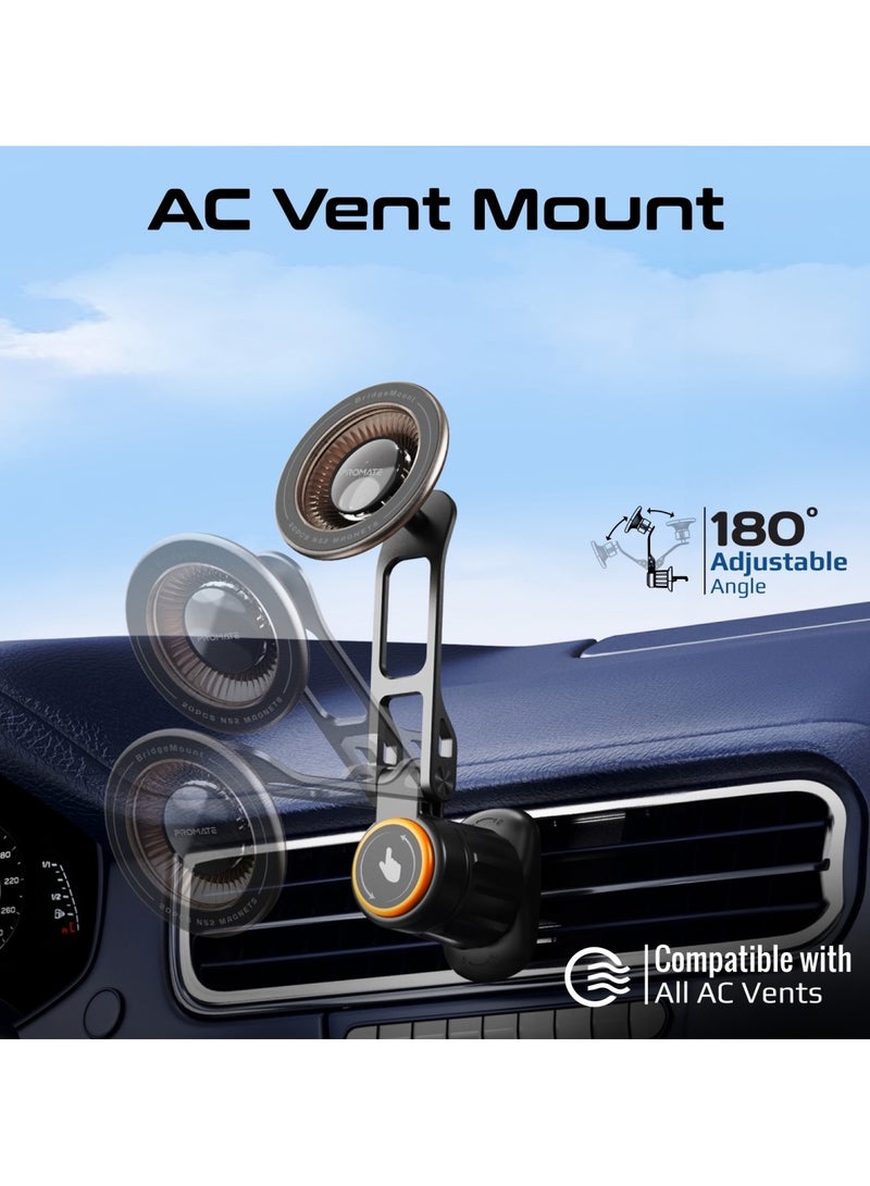 بروميت Car Phone Holder, Sleek Car Anti-Slip Magnetic Mount with 360 Degree Rotation, Cradleless Design, Multi-Angle Support, AC Vent Compatibility for Smartphones, BridgeMount Black - Image 2