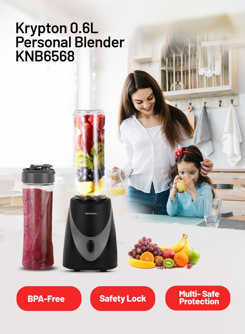 KRYPTON 600 ML Personal Blender | One Speed, Stainless Steel Blade | 2PCS Tritan Bottle, Non-Slipping Foot | Great for Smoothies, Diet Shakes and Protein Drinks | PP Housing, Comes with 4 Blades, AC Motor, Non-Slipping Foot and Safety System/  Multicolor, 2 Years Warranty 250 W KNB6568 Multicolour  - Image 5