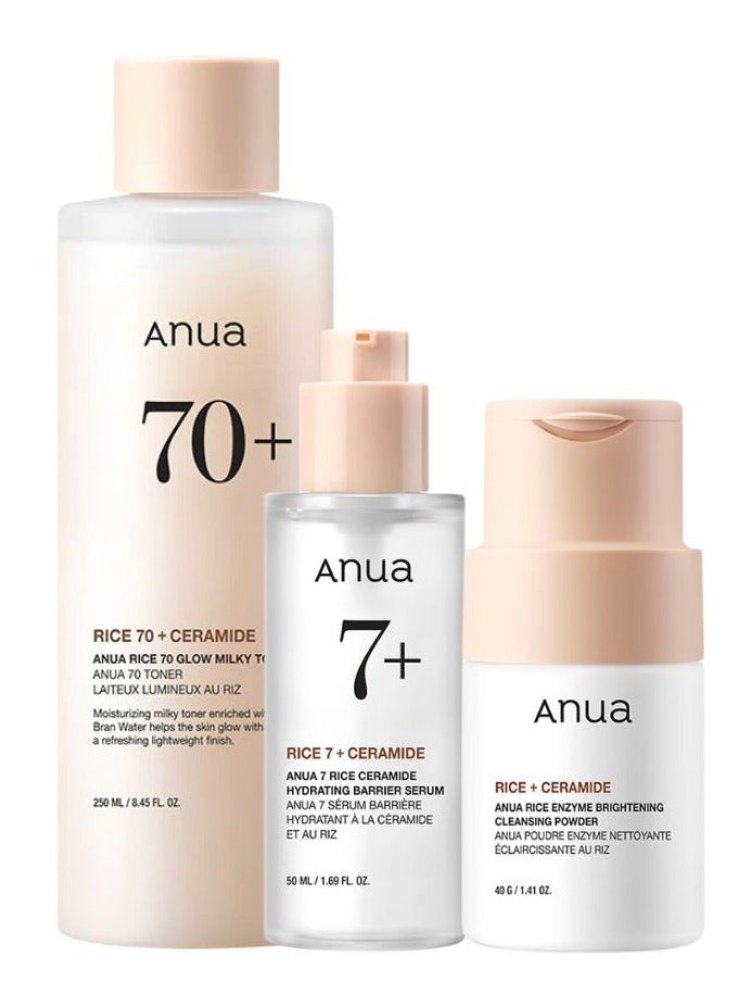 انوا Rice Glow Trio - Rice Enzyme Brightening Cleansing Powder 40g, Rice 70 Glow Milky Toner 250ml And 7 Rice Ceramide Hydrating Barrier Serum 50ml 340ml - Image 1