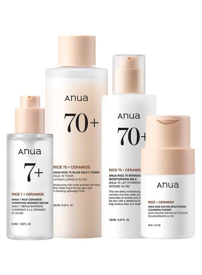 Anua - Rice Glass Skin Set - Rice Enzyme Brightening Cleansing Powder 40g, Rice Glow Milky Toner 250ml, 7 Rice Ceramide Hydrating Barrier Serum 50ml And Rice 70 Intensive Moisturizing Milk 150ml 490ml - Image 1