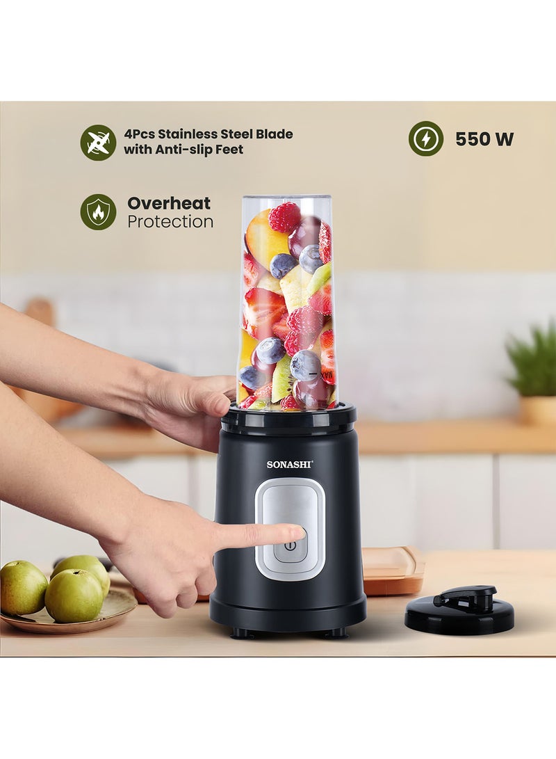SONASHI - Portable Sports Blender & Smoothie Maker - 1 Touch Button with 600ML Unbreakable Sports Bottle with Lid | 4Pcs Stainless Steel Blade with Anti-slip Feet | Overheat Protection 600 ml 550 W SB-200 Black - Image 1