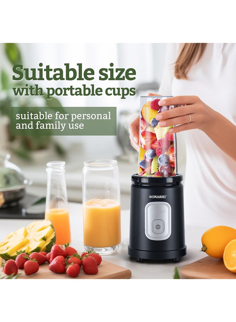 SONASHI - Portable Sports Blender & Smoothie Maker - 1 Touch Button with 600ML Unbreakable Sports Bottle with Lid | 4Pcs Stainless Steel Blade with Anti-slip Feet | Overheat Protection 600 ml 550 W SB-200 Black - Image 1