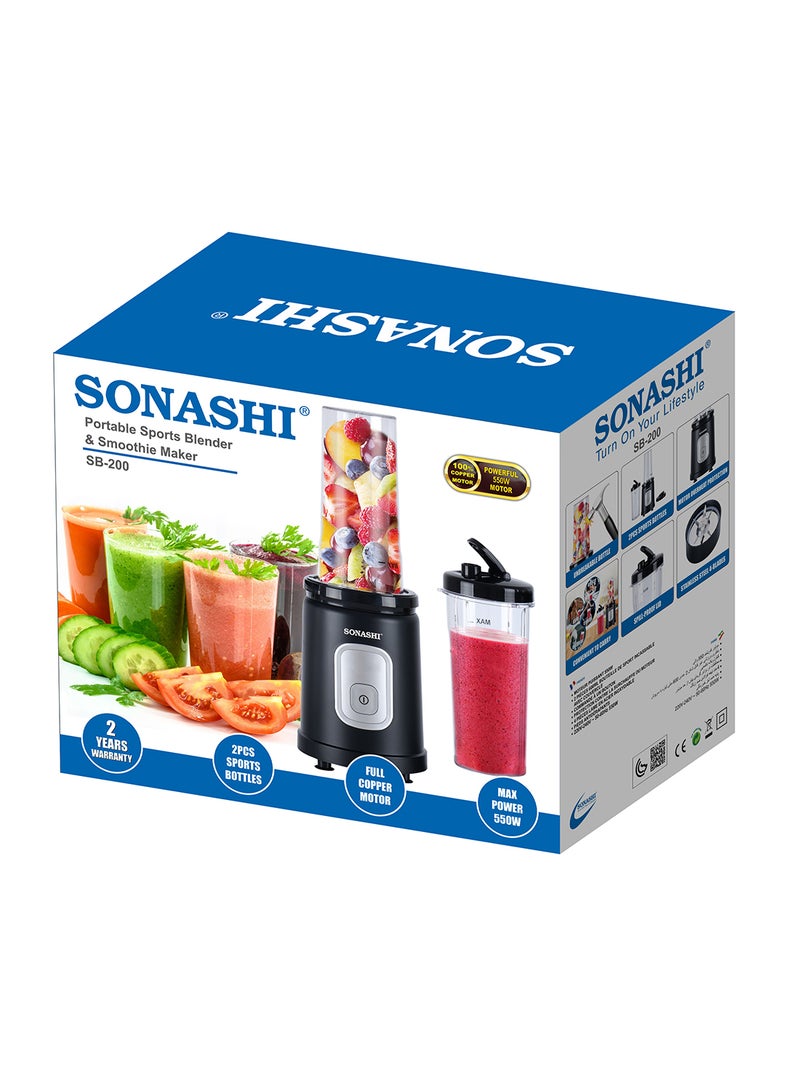 SONASHI - Portable Sports Blender & Smoothie Maker - 1 Touch Button with 600ML Unbreakable Sports Bottle with Lid | 4Pcs Stainless Steel Blade with Anti-slip Feet | Overheat Protection 600 ml 550 W SB-200 Black - Image 1