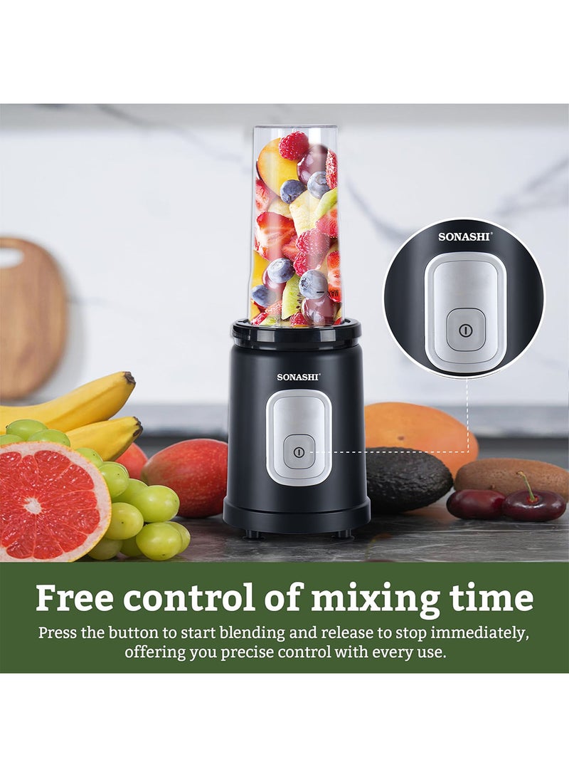 SONASHI - Portable Sports Blender & Smoothie Maker - 1 Touch Button with 600ML Unbreakable Sports Bottle with Lid | 4Pcs Stainless Steel Blade with Anti-slip Feet | Overheat Protection 600 ml 550 W SB-200 Black - Image 1