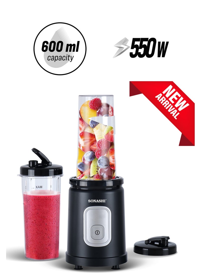 SONASHI - Portable Sports Blender & Smoothie Maker - 1 Touch Button with 600ML Unbreakable Sports Bottle with Lid | 4Pcs Stainless Steel Blade with Anti-slip Feet | Overheat Protection 600 ml 550 W SB-200 Black - Image 1