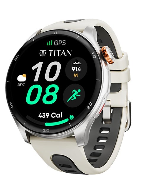 Celestor Smart Watch 1.43" AMOLED Round Display, Opto-Mechanical Crown, In-Built GPS, Altimeter, Barometer, Compass, BT Calling Titanium/Beige
