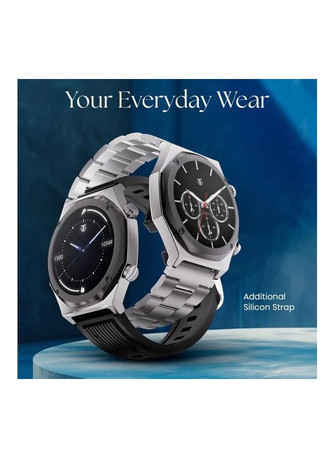 TITAN - Maestro Smart Watch 1.43" AMOLED Round Display, Stainless Steel, Customisable UI, Smart AOD, Password, Extra Silicone Strap, Silver - Image 1