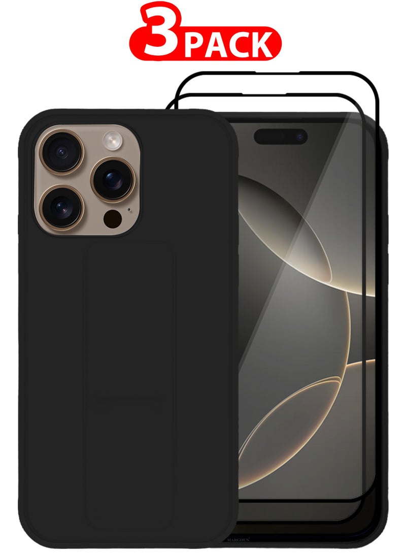 MARGOUN - (for Apple iPhone 16 Pro Max) 3Packs, Case  PU Leather Back Cover Stand Function Finger Grip Case Cover with Shock Proof Screen Protector Black-3 - Image 1