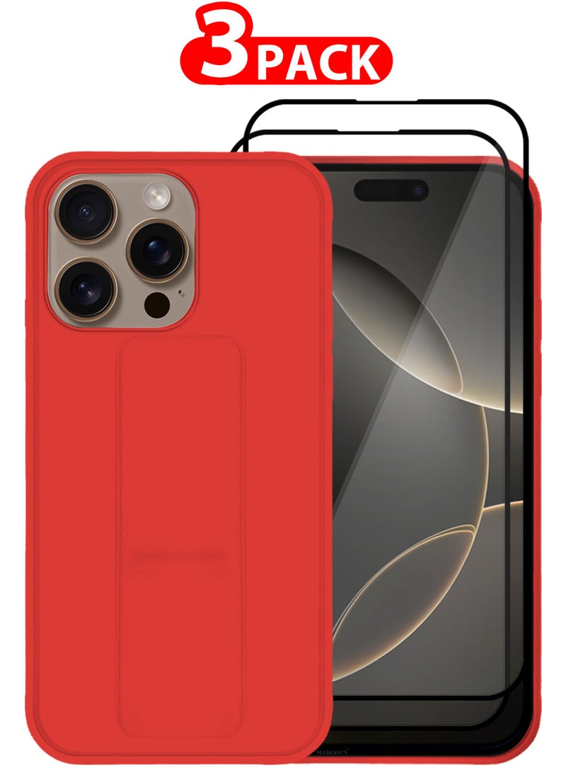 MARGOUN - (for Apple iPhone 16 Pro Max) 3Packs, Case  PU Leather Back Cover Stand Function Finger Grip Case Cover with Shock Proof Screen Protector Red-3 - Image 1