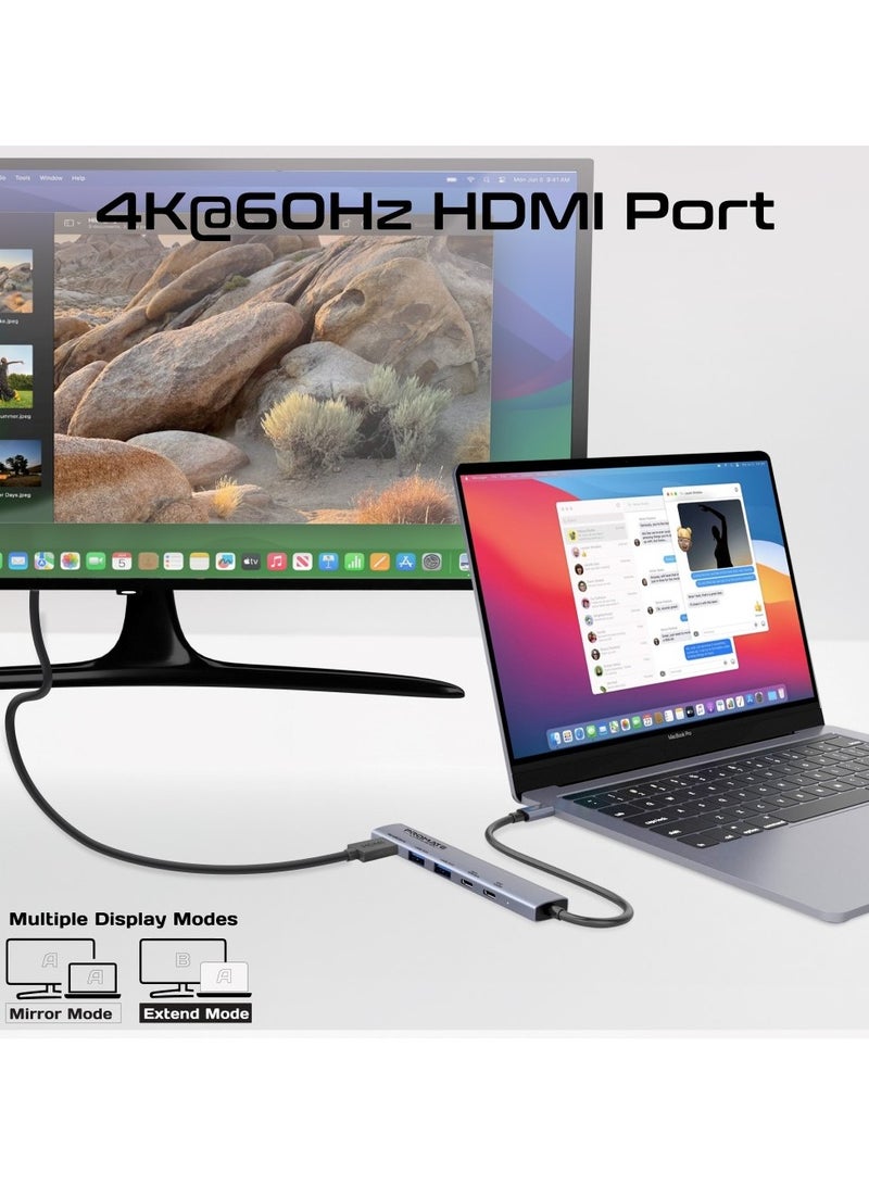 PROMATE 5-in-1 Ultra-Compact USB-C Hub with PD100W USB-C Port, 5Gbps USB-C Data Transfer Port, Dual 480Mbps USB-A Ports, 4K@60Hz HDMI Port, and Universal Compatibility for Laptops, Tablets, and Smartphones, LinkHub-5X Grey  - Image 5