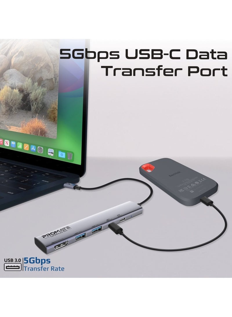 PROMATE 5-in-1 Ultra-Compact USB-C Hub with PD100W USB-C Port, 5Gbps USB-C Data Transfer Port, Dual 480Mbps USB-A Ports, 4K@60Hz HDMI Port, and Universal Compatibility for Laptops, Tablets, and Smartphones, LinkHub-5X Grey  - Image 3