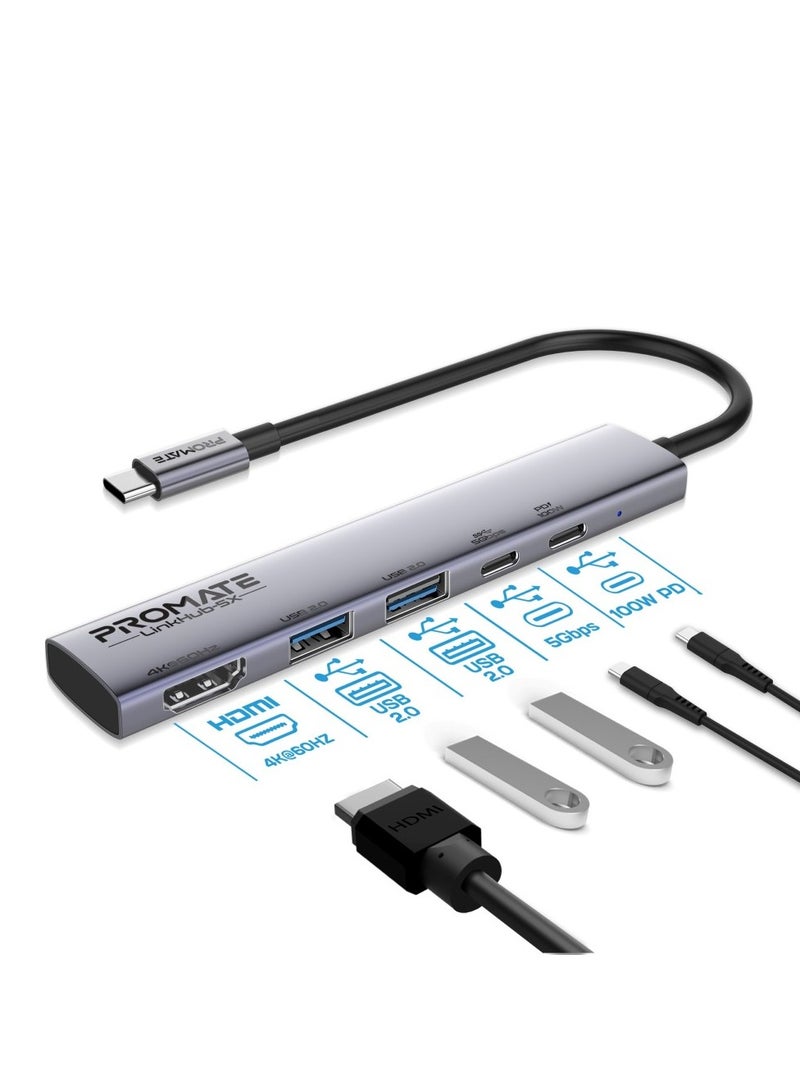 PROMATE 5-in-1 Ultra-Compact USB-C Hub with PD100W USB-C Port, 5Gbps USB-C Data Transfer Port, Dual 480Mbps USB-A Ports, 4K@60Hz HDMI Port, and Universal Compatibility for Laptops, Tablets, and Smartphones, LinkHub-5X Grey  - Image 1