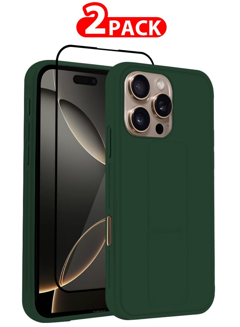 MARGOUN - (for Apple iPhone 16 Pro Max) 2Pack, Case Cover PU Leather Back Cover with Stand Function and Finger Grip, Shockproof Screen Protector Green-2 - Image 1