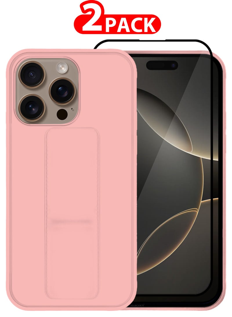 MARGOUN (for Apple iPhone 16 Pro Max) 2Packs, Case Cover PU Leather Back Cover with Stand Function and Finger Grip, Shockproof Screen Protector Pink-2 - Image 1