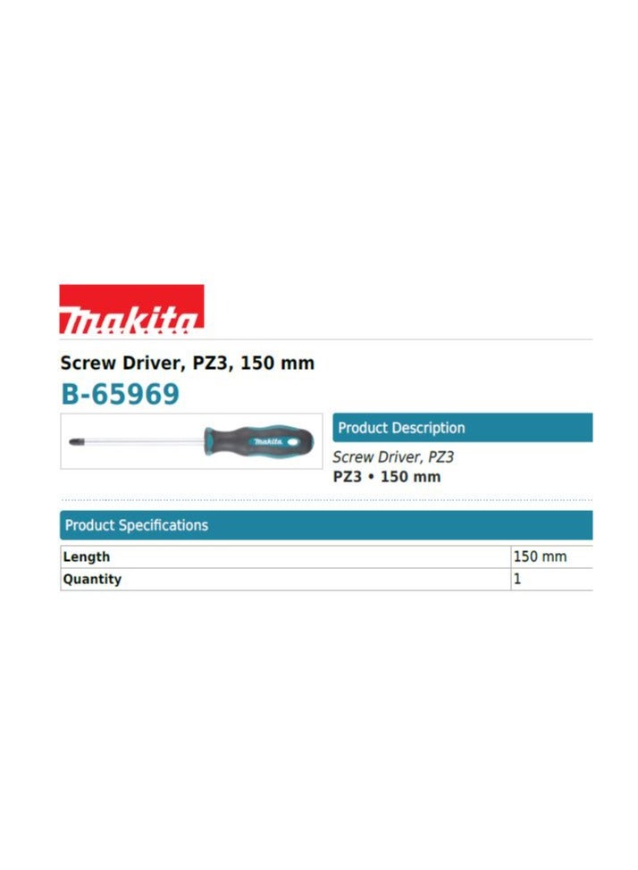 Makita B-65969 Makita Screwdriver PZ3 150 mm with Magnetic Tip - Ergonomic Handle, Anti-Slip, and High Torque Cr-V Steel  - Image 3