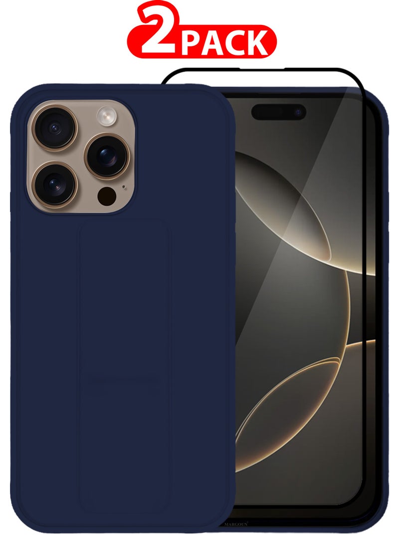 MARGOUN (for Apple iPhone 16 Pro Max) 2Packs, Case Cover PU Leather Back Cover with Stand Function and Finger Grip, Shockproof Screen Protector Dark Blue-2 - Image 1