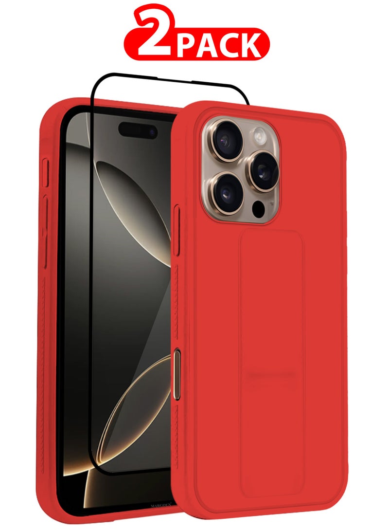 MARGOUN (for Apple iPhone 16 Pro Max) 2Packs, Case Cover PU Leather Back Cover with Stand Function and Finger Grip, Shockproof Screen Protector Red-2 - Image 1