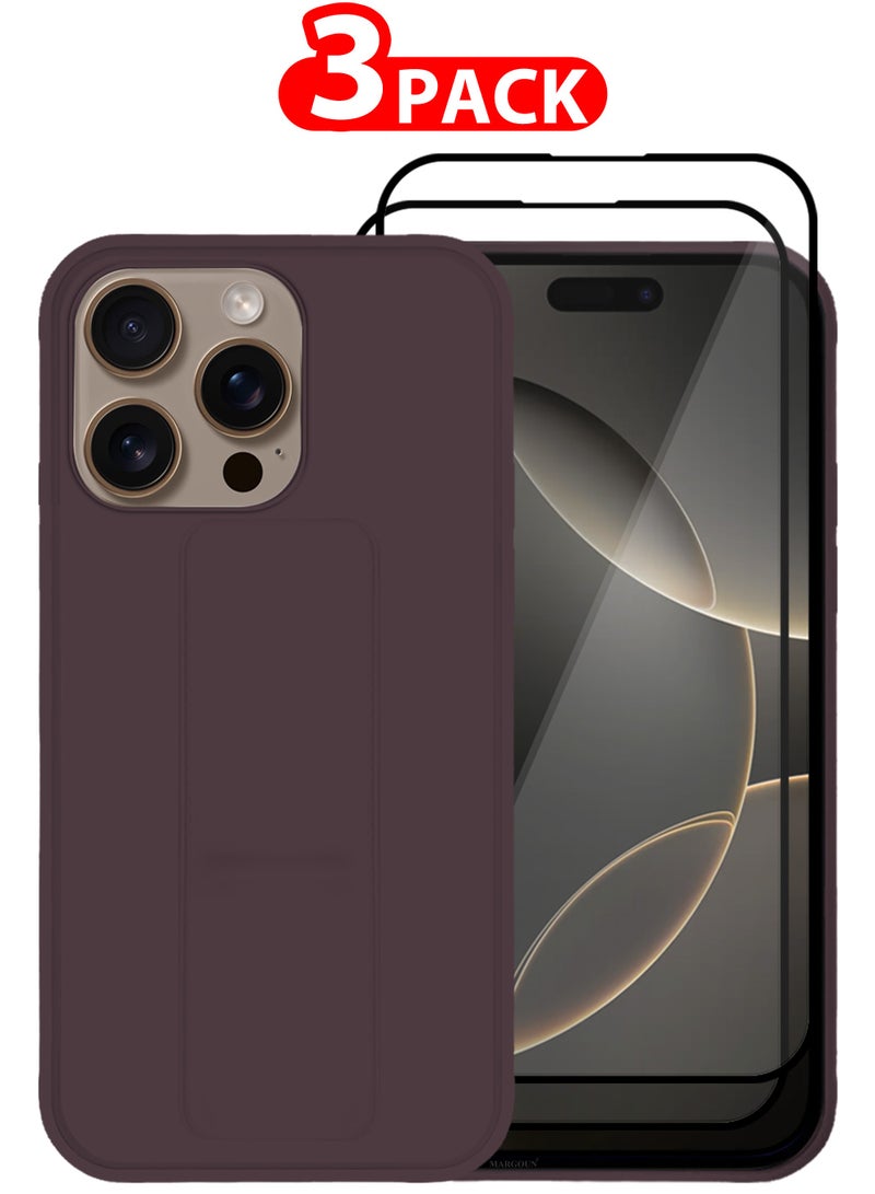 MARGOUN (for Apple iPhone 16 Pro Max) 3Packs, Case  PU Leather Back Cover Stand Function Finger Grip Case Cover with Shock Proof Screen Protector Merlot-3 - Image 1
