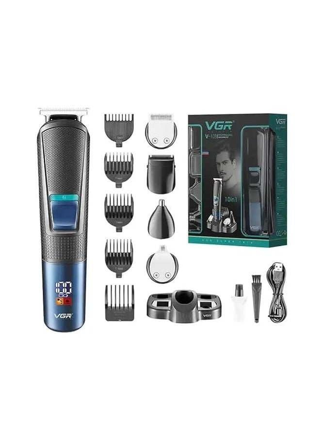 VGR V-108 Professional 10 in 1 Grooming Kit with LED Display, All in one Trimmer for Men, Suitable for Face, head, Nose,Ear & Body Grooming, 120 min Runtime Blue - Image 1
