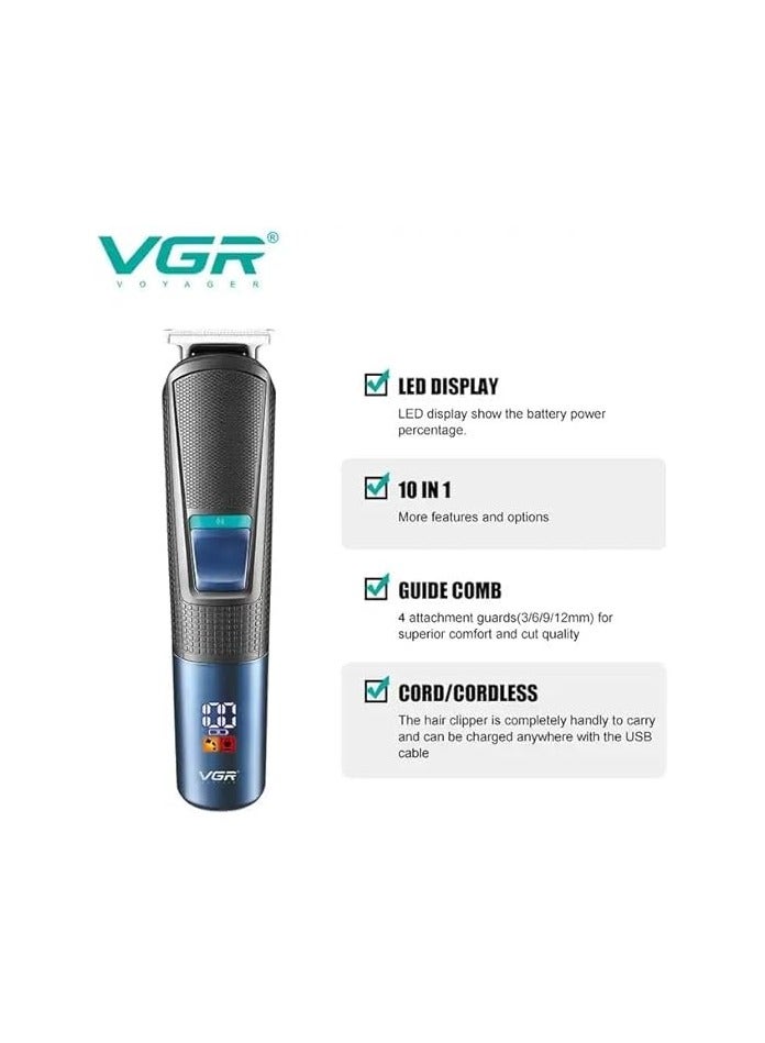 VGR V-108 Professional 10 in 1 Grooming Kit with LED Display, All in one Trimmer for Men, Suitable for Face, head, Nose,Ear & Body Grooming, 120 min Runtime Blue - Image 3