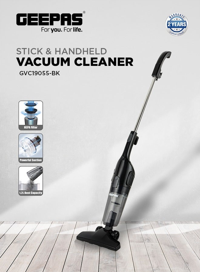 GEEPAS 2-in-1 Stick & Handheld Vacuum Cleaner with HEPA Filtration, Powerful Suction, Large Dust Capacity, Ideal for Homes, Offices, & Cars 1.2 L 600 W GVC19055-BK Black  - Image 2