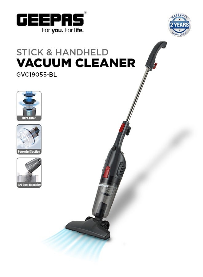 جيباس 2-in-1 Stick & Handheld Vacuum Cleaner with HEPA Filtration, Powerful Suction, Large Dust Capacity, Ideal for Homes, Offices, & Cars 1.2 L 600 W GVC19055-GR Grey  - Image 1