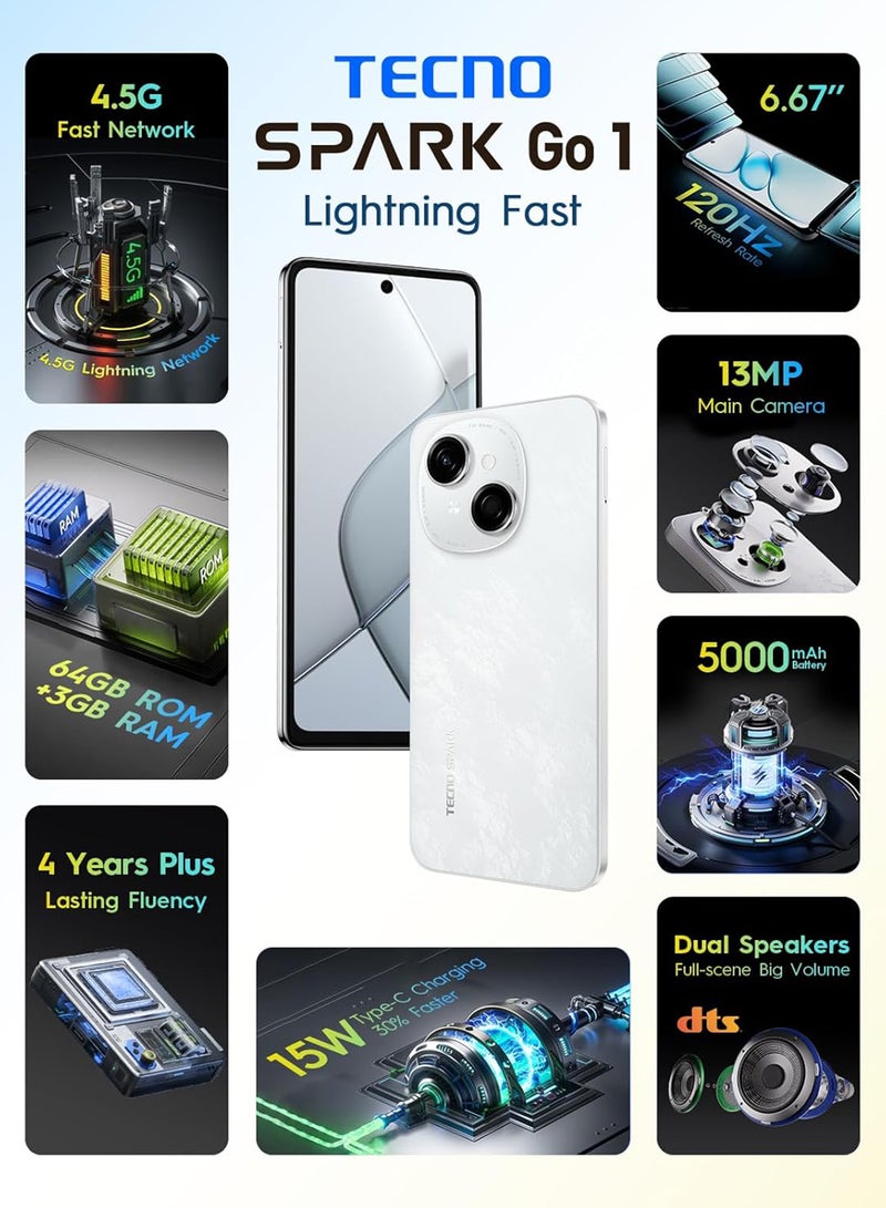 تكنو - SPARK Go 1 Glittery White  Dual SIM 3GB RAM 64GB - Middle East Version - Image 1