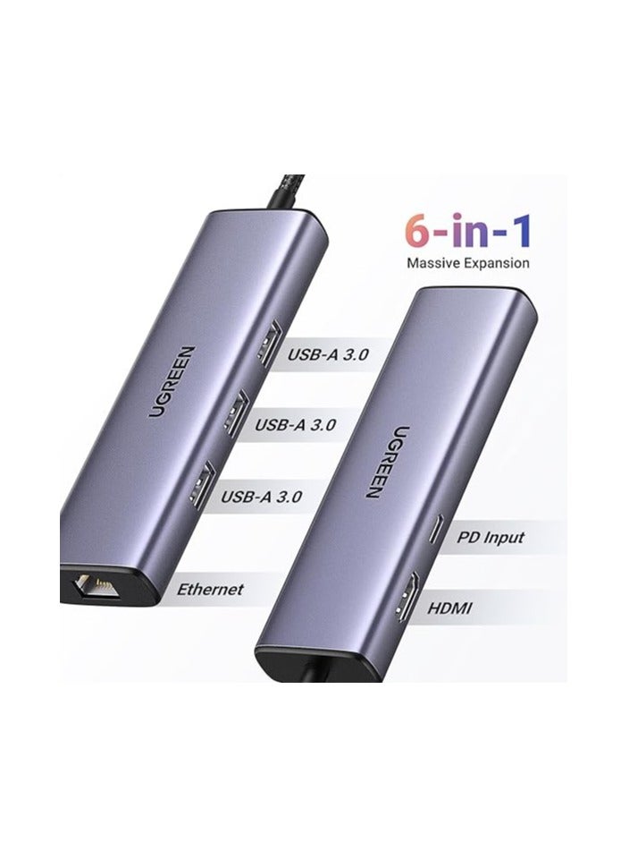 Revodok 6 in 1 USB C Hub Gigabit Ethernet Adapter with 4K HDMI, 100W PD Charging, USB A Data Ports Compatible with Mac M1, M2, M3, iPad, iPhone 16 Pro/Pro Max, Steam Deck Grey