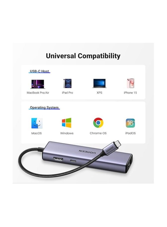 Revodok 6 in 1 USB C Hub Gigabit Ethernet Adapter with 4K HDMI, 100W PD Charging, USB A Data Ports Compatible with Mac M1, M2, M3, iPad, iPhone 16 Pro/Pro Max, Steam Deck Grey
