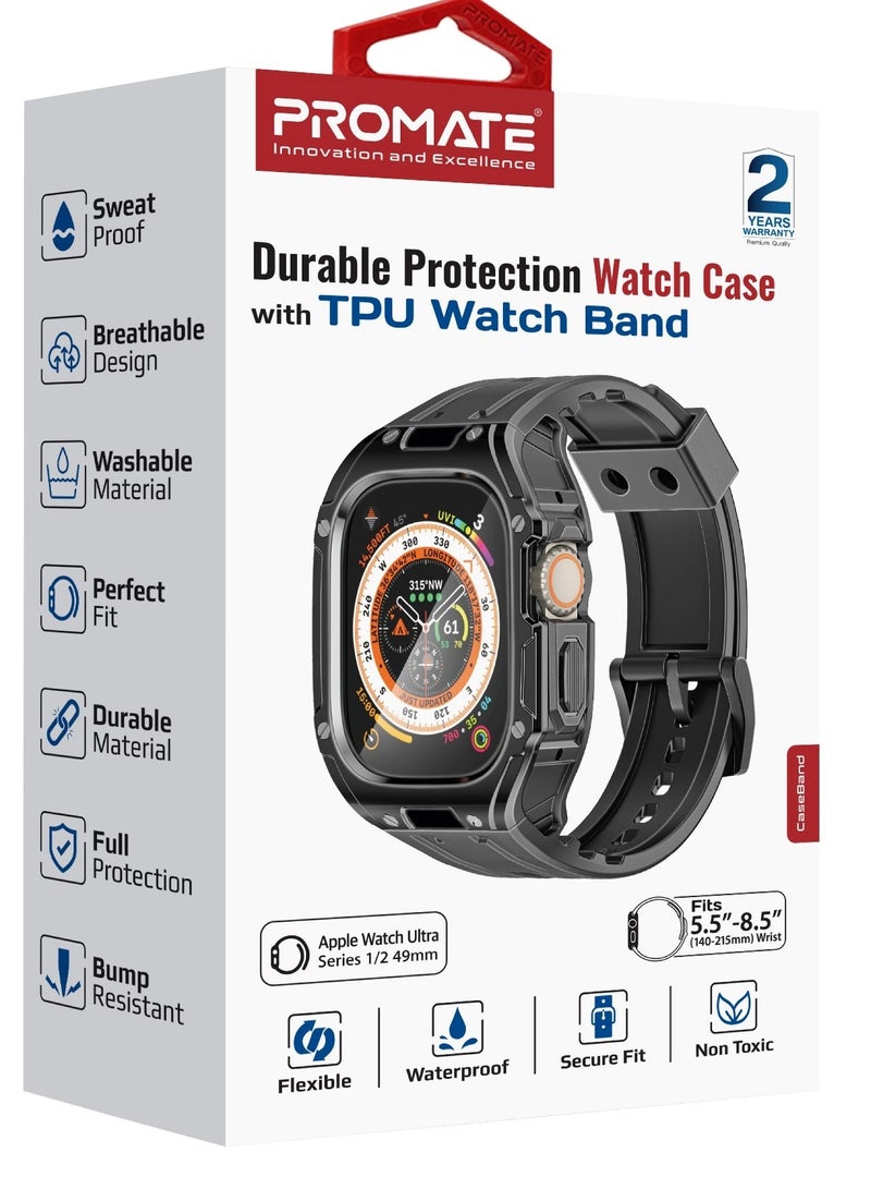 PROMATE - Protective Apple Watch Case and Band with Secure Stainless-Steel Buckle, Lightweight Design, Bold Aesthetic Appeal, Scratch-Resistant TPU, Ergonomic Adjustable Fit, Shock-Resistant Materials, Sweat-Resistant Build,  for Apple Watch Ultra 1&2 Black - Image 1