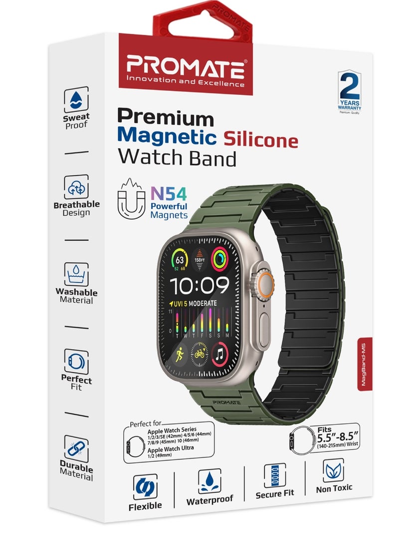 PROMATE - Premium Magnetic Silicone Watch Band, Powerful N52+ Magnets, Scratch-Resistant UV-coated silicone, Compatible with All Apple Watch Sizes and Series Including Ultra, MagBand-MS Green - Image 1