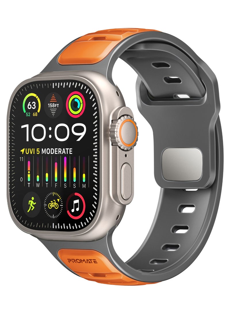 بروميت سوار Apple Watch ثنائي اللون من Promate بسطح معالج للأشعة فوق البنفسجية ومقاوم للغبار، إبزيم من الفولاذ المقاوم للصدأ مضاد للصدأ، هيكل سيليكون متين، توافق مع جميع الأحجام، SiliBand-DC برتقالي - Image 1