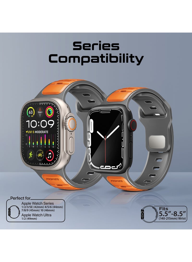 بروميت سوار Apple Watch ثنائي اللون من Promate بسطح معالج للأشعة فوق البنفسجية ومقاوم للغبار، إبزيم من الفولاذ المقاوم للصدأ مضاد للصدأ، هيكل سيليكون متين، توافق مع جميع الأحجام، SiliBand-DC برتقالي - Image 5