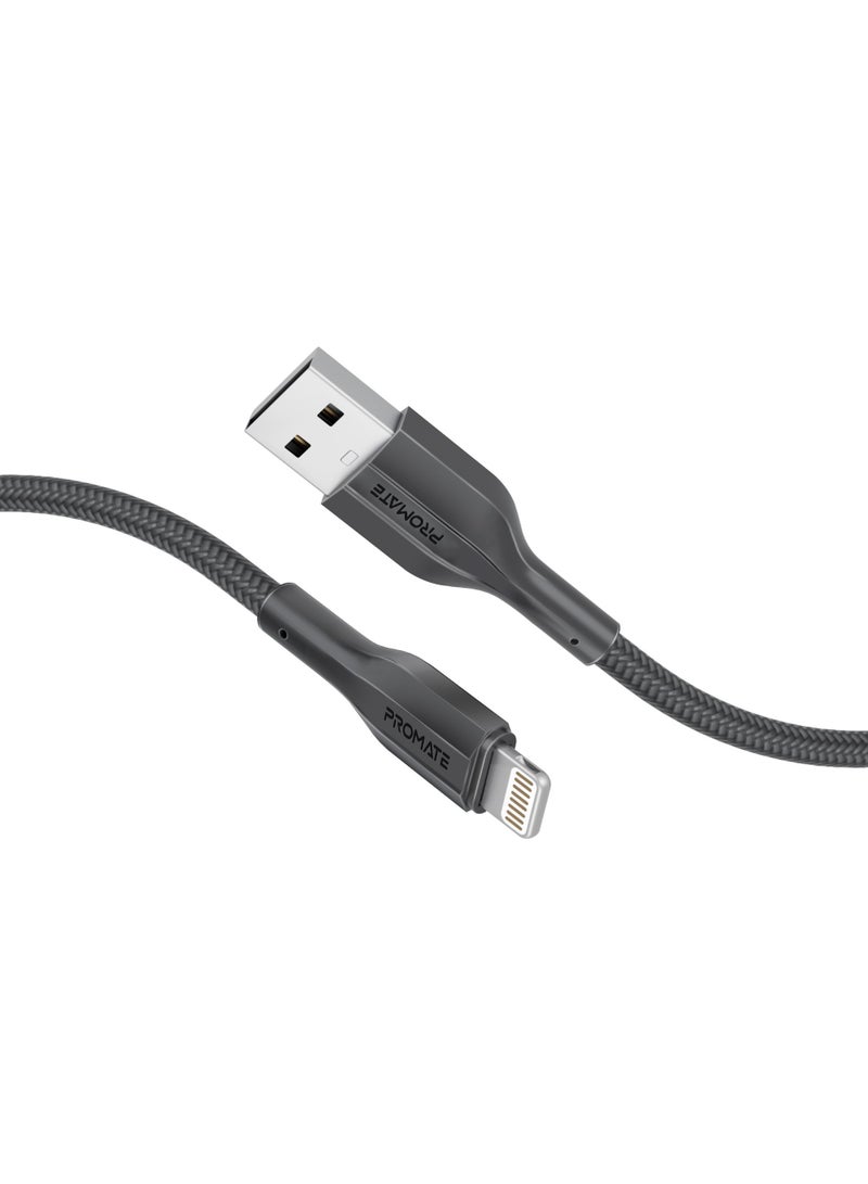 PROMATE - USB-A to Lightning Cable 200cm, High Tensile Strength, Premium Fast Charging & Data Sync, Anti-Tangle Silicone Cord, For Lightning Apple Devices Black - Image 1