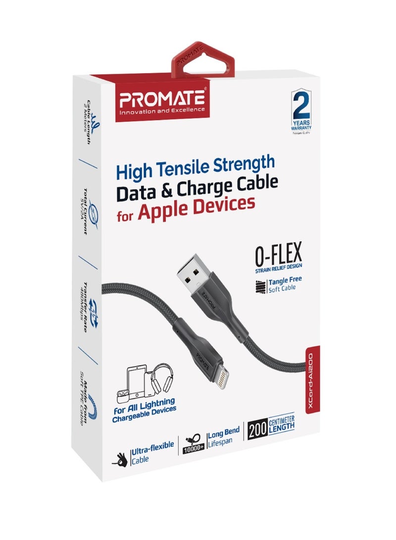 PROMATE - USB-A to Lightning Cable 200cm, High Tensile Strength, Premium Fast Charging & Data Sync, Anti-Tangle Silicone Cord, For Lightning Apple Devices Black - Image 1