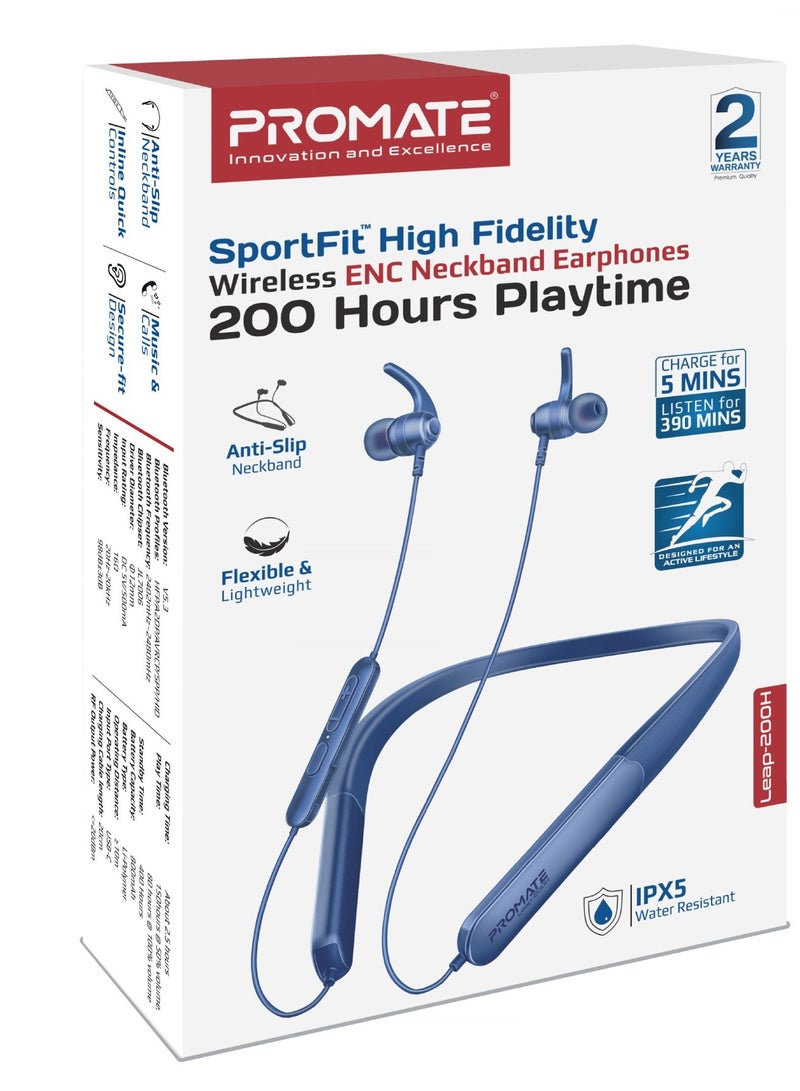 بروميت - High-Fidelity Wireless Neckband Earphones with 200-hour Playtime, ENC Call Noise Cancellation, Multi-Point Connection with Two Devices, Bluetooth V5.4, Omni-Directional Mic, In-Line Controls, Crystal-Clear Call Quality, IPX5 Water- Resistance Blue - Image 1